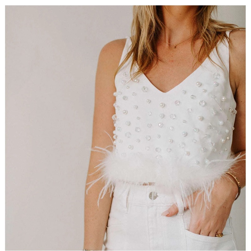 Buddy love pearl feather crop top.